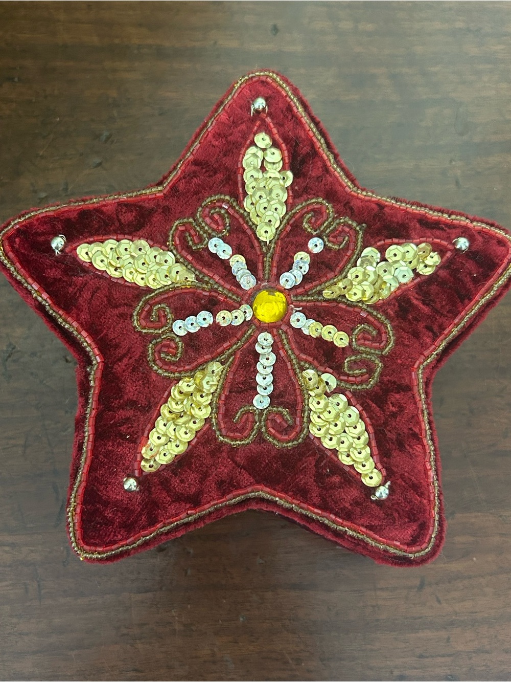 Red Velvet Star Tree Topper with Gold Sequin Floral Accent